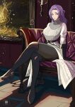  1girl black_footwear black_gloves blue_eyes boots candle couch crossed_legs dress gloves highres ihsnet long_hair looking_at_viewer original painting_(object) purple_hair sitting smile solo thigh_boots watermark white_dress 