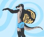  anthro athletic black_body black_scales claws clothed clothing crest_(disambiguation) dinosaur hi_res male pattern_background pose reptile sail_(anatomy) scales scalie sharp_teeth simple_background solo spinosaurid spinosaurus swimming_goggles swimming_trunks swimwear teeth theropod topless white_body white_scales zhaqez 