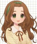  1girl :3 brown_hair buttons checkered_background commentary dokodemonai dot_nose green_eyes green_hairband hairband highres idolmaster idolmaster_cinderella_girls kusakabe_wakaba long_hair long_sleeves looking_at_viewer open_mouth parted_bangs red_ribbon ribbon shirt smile solo upper_body wavy_hair white_background white_shirt 