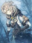  1boy albedo_(genshin_impact) bare_tree bishounen black_gloves black_pants blue_eyes chain forest genshin_impact gloves highres holding holding_sword holding_weapon hooded_coat light_particles male_focus medium_hair nature pants sakino_saku short_sleeves solo sword tree weapon 