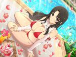  1girl bikini blueberry breasts brown_eyes brown_hair cake cleavage clothing_cutout crossover day falling_petals flower flower_in_drink food frilled_sleeves frills fruit glass hibiscus large_breasts long_hair looking_at_viewer official_alternate_costume official_art orange_(fruit) orange_juice orange_slice outdoors petals plant poolside queen&#039;s_blade red_bikini red_flower senran_kagura senran_kagura_new_link shoulder_cutout shrug_(clothing) sitting solo strawberry swimsuit tile_floor tiles tomoe_(queen&#039;s_blade) water 