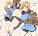  1girl black_shorts blonde_hair blue_eyes blue_shirt breasts cowboy_shot earrings genderswap genderswap_(mtf) highres holding holding_shield holding_sword holding_weapon jewelry large_breasts link looking_at_viewer master_sword multiple_views pointy_ears shield shirt shorts shoulder_plates sword the_legend_of_zelda the_legend_of_zelda:_tears_of_the_kingdom translation_request ttanuu. weapon 