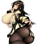  1girl absurdres ass black_eyes black_hair black_jacket black_skirt blush breasts clothes_lift collared_shirt commentary_request dress_shirt hair_between_eyes hand_on_own_chin highres huge_breasts hz_(666v) jacket kashima_(hz_(666v)) light long_hair looking_at_viewer off_shoulder open_clothes open_jacket original pantyhose shirt skirt skirt_lift smile solo undressing white_background white_shirt 