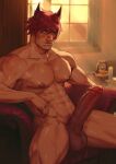  1boy abs absurdres animal_ears bara bulge cat_ears closed_mouth completely_nude dreamplpe erection erection_under_clothes facial_hair highres indoors large_pectorals league_of_legends male_focus male_pubic_hair muscular muscular_male navel nipples nude pectorals penis pubic_hair scar scar_on_face scar_on_nose sett_(league_of_legends) short_hair sitting solo stubble testicles 