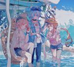  1boy 2girls :d absurdres amiya_(arknights) animal_ears animal_on_head apple arknights arm_garter bikini bikini_top_only black_headwear blue_hair blue_headwear blue_jacket blue_pants blue_shorts blush breasts brown_hair cat cat_ears cat_on_head cleavage closed_eyes closed_mouth collarbone commentary_request cup female_tourist_a_(arknights) floating_hair flower flower_wreath food fruit goldenglow_(arknights) goldenglow_(summer_flowers)_(arknights) gradient_hair hat highres holding holding_cup holding_food holding_fruit holding_staff infection_monitor_(arknights) jacket large_breasts light_smile long_hair looking_at_another mizuki_(arknights) mizuki_(summer_feast)_(arknights) multicolored_hair multiple_girls net on_head open_clothes open_jacket open_mouth orange_eyes pants pink_eyes pink_flower pink_hair pink_shirt ponytail rabbit_ears ripples shirt short_hair short_hair_with_long_locks shorts smile staff striped striped_shirt swimsuit swing vcet wading water white_bikini white_jacket white_shirt 