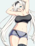  1girl :d animal_ears arknights armpits arms_up aurora_(arknights) bare_arms bare_shoulders bear_ears black_hairband blue_eyes blush breasts cleavage commentary_request cowboy_shot drop_shadow grey_background grey_shorts hairband highres infection_monitor_(arknights) large_breasts long_hair looking_at_viewer midriff navel open_mouth short_shorts shorts simple_background smile solo standing stomach strapless thighs tsue_(surutsue) tube_top very_long_hair white_hair 