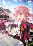  1girl 2boys black_bodysuit bodysuit braid breasts car check_clothing day gloves hair_between_eyes helmet highres highspeed_etoile holding holding_helmet light_rays looking_at_viewer medium_breasts motor_vehicle multicolored_bodysuit multicolored_clothes multiple_boys official_art open_mouth pink_bodysuit pink_car pink_hair race_vehicle racecar racetrack racing_suit red_eyes rindoh_rin smile solo_focus standing sunbeam sunlight thumbs_up white_gloves 