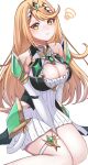  1girl absurdres bare_shoulders between_legs blonde_hair breasts brown_eyes cleavage cleavage_cutout closed_mouth clothing_cutout commentary_request dress elbow_gloves feet_out_of_frame gloves hand_between_legs headpiece highres large_breasts long_hair looking_at_viewer mythra_(xenoblade) sani_(saaanii) simple_background sleeveless sleeveless_dress solo squiggle thigh_strap very_long_hair white_background white_dress white_gloves xenoblade_chronicles_(series) xenoblade_chronicles_2 