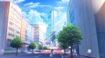  1girl black_hair blue_dress blue_footwear blue_sky building city cloud day dress highres long_hair original outdoors pantyhose people road rolling_suitcase scenery sidewalk sky smile_(qd4nsvik) solo_focus street suitcase tree 