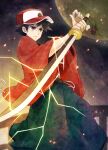  1boy adapted_costume black_hair brown_eyes closed_mouth electricity embers fingernails frown full_moon hat holding holding_sword holding_weapon male_focus moon pokemon pokemon_(game) pokemon_rgby ray090611 red_(pokemon) red_headwear short_hair solo sword weapon wide_sleeves 