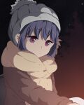  1girl beanie blue_headwear brown_jacket brown_scarf closed_mouth grey_headwear hat jacket kakiuchi_itsuki night purple_eyes scarf shima_rin snowing solo upper_body yurucamp 