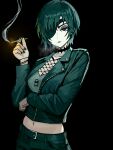  1girl alternate_costume belt black_background black_belt black_hair black_jacket black_pants chainsaw_man cigarette eyepatch fishnet_top fishnets gothic green_eyes highres himeno_(chainsaw_man) jacket looking_at_viewer navel pants smoke smoking solo stomach zeon_(zzeeonn) 