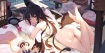  1girl absurdres animal_ears ass azur_lane barefoot black_hair blush breasts chinese_commentary closed_mouth commentary_request completely_nude dalian_(1457091741) feet feet_up fox_ears fox_tail highres indoors legs long_hair lying nagato_(azur_lane) nude object_hug on_stomach pillow pillow_hug red_eyes revision sakura_empire_(emblem) small_breasts solo tail the_pose toes very_long_hair 