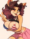  2023 4_fingers 4th_of_july absurd_res activision alyssa_bandicoot_(oc) american_flag_bikini anthro arm_under_breasts bandicoot beauty_mark bent_over big_breasts bikini black_nose blep bottomwear breasts brown_hair choker cleavage clothed clothing crash_bandicoot_(series) ear_piercing ear_ring eyebrows eyelashes fan_character female fingers flag_bikini fur gesture green_eyes hair hi_res jewelry legwear looking_at_viewer magaska19 mammal marsupial necklace one_eye_closed piercing pink_bottomwear pink_clothing pink_skirt ring_piercing short_hair skirt solo swimwear tan_body tan_fur tongue tongue_out v_sign wink 