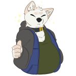  anthro canid canine canis chubby_male clothing collar denim denim_clothing domestic_dog double_chin eyes_always_closed eyes_closed gesture hi_res hoodie male mammal overweight overweight_male possumgod rico_(possumgod) shiba_inu shirt solo sparkles spitz sticker tank_top thumbs_up topwear 