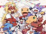  1boy agnimon agumon agumon_(savers) armor blonde_hair blue_bow blue_bowtie blue_eyes bow bowtie claws closed_eyes digimon digimon_(creature) digital_hazard dragon gatchmon green_eyes guilmon horns jacket lao_wen long_hair looking_at_viewer multiple_others open_mouth red_bow red_bowtie red_eyes sharp_teeth shirt shoutmon_king_ver. streamers teeth upper_body v v-mon white_jacket white_shirt wings yellow_eyes 