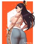  1girl absurdres aestheticc-meme ass ass_focus back back_focus bare_back black_hair breasts brown_hair bun_cover chun-li earrings facing_away from_behind highres huge_ass jewelry muscular muscular_female nape official_alternate_costume official_alternate_hairstyle sideboob solo street_fighter street_fighter_6 thick_thighs thighs updo 