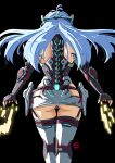  1girl armor ass automatic_giraffe back black_background black_gloves blue_hair digital_dissolve dual_wielding elbow_gloves fingerless_gloves floating_hair from_behind garter_straps gloves glowing highres hip_vent holding kos-mos kos-mos_re: light_blue_hair long_hair mechanical_spine signature simple_background solo thigh_gap thighhighs thighs tight_clothes visor_(armor) xenoblade_chronicles_(series) xenoblade_chronicles_2 xenosaga 