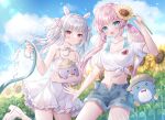  &gt;_&lt; 2girls :d animal_ears arm_up bear_ears blue_eyes blue_shorts blue_sky blush bow breasts brown_headwear cleavage closed_eyes closed_mouth cloud commentary_request day dress flower frilled_dress frills grey_hair hair_bow high_heels holding holding_flower hose kohinata_hoshimi long_hair low_twintails medium_breasts multiple_girls navel off-shoulder_shirt off_shoulder open_clothes open_fly open_shorts original outdoors pink_bow pink_hair rabbit_ears red_eyes sandals shirt short_shorts shorts sky sleeveless sleeveless_dress smile standing standing_on_one_leg sunflower tied_shirt twintails two_side_up very_long_hair water white_bow white_dress white_footwear white_shirt yellow_flower 