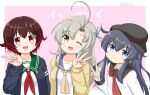  3girls akatsuki_(kancolle) akatsuki_kai_ni_(kancolle) anchor_symbol antenna_hair black_headwear black_sailor_collar blue_eyes blue_jacket brown_hair cardigan crescent crescent_pin flat_cap gradient_hair green_eyes green_sailor_collar grey_hair hair_tie hat jacket kantai_collection kinugasa_(kancolle) kinugasa_kai_ni_(kancolle) masara_(chuujou) multicolored_hair multiple_girls mutsuki_(kancolle) mutsuki_kai_ni_(kancolle) neckerchief one-hour_drawing_challenge one_side_up purple_sailor_collar red_eyes red_hair red_neckerchief sailor_collar school_uniform serafuku short_hair smile upper_body v yellow_cardigan yellow_neckerchief 