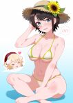  1girl ^_^ absurdres bikini black_hair blue_background blue_eyes blush breasts closed_eyes crossed_ankles curio_(curiofinity) flower gradient_background hat hat_flower heart highres hololive indian_style indie_virtual_youtuber large_breasts navel oozora_subaru shigure_ui_(vtuber) short_hair sitting spoken_blush spoken_character stomach straw_hat sun_hat sunflower swimsuit v-shaped_eyebrows white_background white_bikini 