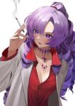  1girl blush chakuma_(yiyh1468) cigarette collared_shirt commentary_request cosplay dress_shirt drill_hair highres holding holding_cigarette hyakumantenbara_salome jacket kiryu_kazuma kiryu_kazuma_(cosplay) long_hair neck_tattoo nijisanji open_mouth ponytail purple_eyes purple_hair red_shirt ryuu_ga_gotoku_(series) shirt simple_background solo tattoo virtual_youtuber white_background white_jacket 