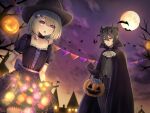  1boy 1girl bat_(animal) blue_hair candy candy_hair_ornament cape food food-themed_hair_ornament full_moon green_hair griseo hair_ornament halloween halloween_bucket halloween_costume hat honkai_(series) honkai_impact_3rd horns kosma moon orange_eyes pointy_ears purple_eyes ura_(hamburg_oniku) vampire_costume witch witch_hat 