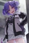  +_+ 1girl alternate_costume blue_eyes blush dragon_girl dragon_tail ema_yutaka fangs hair_ornament hairclip hand_on_own_hip head_wings heterochromia highres jewelry looking_at_viewer necklace nijisanji nijisanji_en open_mouth pointy_ears purple_eyes purple_hair selen_tatsuki short_hair smile solo tail virtual_youtuber wings 