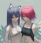  2girls animal_ear_fluff animal_ears apenomiya arknights bikini black_bikini black_hair breasts cleavage collarbone detached_wings energy_wings exusiai_(arknights) green_background hair_between_eyes hair_over_one_eye halo halterneck highres leaf long_hair looking_at_viewer multiple_girls navel orange_eyes red_eyes red_hair short_hair simple_background small_breasts swimsuit texas_(arknights) upper_body white_background wings wolf_ears wolf_girl 