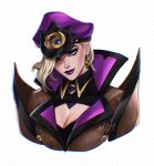  1girl black_shirt blonde_hair breasts cleavage cleavage_cutout clothing_cutout collared_shirt cropped_torso earrings evelynn_(league_of_legends) grey_eyes highres jewelry large_breasts league_of_legends milti.art mole mole_under_eye pink_headwear purple_lips shirt short_hair signature simple_background smile solo soul_fighter_evelynn white_background 