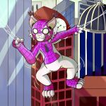  anthro balancing building clothed clothing digital_media_(artwork) domestic_cat eyewear felid feline felis fur hair hi_res hzfow jumping male mammal marvel mask smile solo spider-man_(series) spider_web suit white_body white_fur 