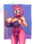  absurd_res amy_rose anthro big_breasts blu_rent blush bodily_fluids bra breasts cleavage clothed clothing eulipotyphlan female green_eyes hedgehog hi_res mammal sega solo sonic_the_hedgehog_(series) sweat thong underwear 