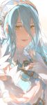  1girl azura_(fire_emblem) blue_hair blurry dress eyeshadow fingerless_gloves fingernails fire_emblem fire_emblem_fates gloves hair_between_eyes headdress highres jewelry korean_commentary lips long_hair looking_at_viewer lower_teeth_only makeup nose open_mouth simple_background smile solo teeth uoongpig upper_body white_dress white_gloves yellow_eyes 