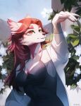  absurd_res anthro black_clothing black_topwear canid clothed clothing female flower hair half-length_portrait hi_res leaf long_hair mammal markings outside plant portrait red_eyes red_hair red_markings sky smile solo topwear unknowhiter white_body white_clothing white_flower white_topwear 