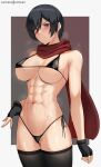  1girl abs absurdres bangs bare_shoulders black_hair black_thighhighs blush breasts cleavage grey_eyes hair_between_eyes highres hioyami large_breasts looking_at_viewer mikasa_ackerman navel red_scarf scarf shingeki_no_kyojin short_hair solo thighhighs thighs toned 