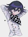  1boy absurdres arms_behind_head black_hair blush buttons checkered_clothes checkered_scarf cropped_torso danganronpa_(series) danganronpa_v3:_killing_harmony double-breasted fang grey_background grey_jacket grin hair_between_eyes highres jacket multicolored_hair oma_kokichi purple_eyes purple_hair scarf simple_background smile solo star_(symbol) teeth two-tone_hair uta_(utamilk) 