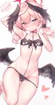  1girl arata_(xin) bare_shoulders bikini black_bikini black_wings blue_archive blush bow breasts collarbone feathered_wings hair_bow halo head_wings heart highres koharu_(blue_archive) koharu_(swimsuit)_(blue_archive) long_hair looking_at_viewer low_twintails low_wings navel pink_eyes pink_hair small_breasts solo spaghetti_strap squiggle swimsuit thighs twintails wings 