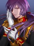  1boy burn_scar covering_one_eye epaulettes garma_zabi gloves grey_eyes gundam gundam_gihren_no_yabou hair_over_shoulder hair_ribbon hand_on_own_face heterochromia high_collar highres long_hair looking_at_viewer low_ponytail male_focus military_uniform mobile_suit_gundam purple_hair red_eyes red_ribbon ribbon scar sideways_glance solo uniform white_gloves yuu_(u1989080) 