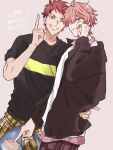  2boys bishounen black_shirt free! highres male_focus multiple_boys nini_mon_fr one_eye_closed pink_background pink_hair red_hair shigino_kisumi shiina_asahi shirt short_hair simple_background single_arm_hug smile torn_clothes translation_request white_shirt 