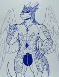  3_fingers bulge claws clothed clothing drackonthanri dragon feathered_wings feathers fingers hi_res horn jockstrap muscular nameless00 topless underwear wings 