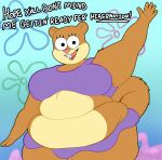  2023 absurd_res anthro belly_overhang bikini clothing english_text female gesture hi_res hibernation mammal morbidly_obese morbidly_obese_female nickelodeon obese obese_female overweight overweight_female puhba rodent sandy_cheeks sciurid solo spongebob_squarepants swimwear text tree_squirrel waving weight_gain 