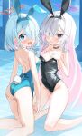  2girls a.r.o.n.a_(blue_archive) alternate_costume animal_ears arona_(blue_archive) bare_legs black_choker black_eyes black_leotard blue_archive blue_eyes blue_hair blue_leotard blue_pupils blunt_bangs blush braid breasts choker closed_mouth collarbone colored_inner_hair commentary fake_animal_ears fake_tail feet_out_of_frame hair_over_one_eye hairband halo hand_on_own_ass hand_on_own_chest hand_up highres kneeling leotard light_blue_hair long_hair looking_at_viewer multicolored_hair multiple_girls nitoron open_mouth pink_pupils playboy_bunny purple_halo rabbit_ears rabbit_tail red_halo short_hair side_braid single_braid small_breasts strapless strapless_leotard tail two-tone_hair very_long_hair white_choker white_hair 