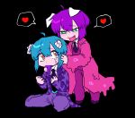  1boy 1girl ahoge animal_ears black_background blue_hair bright_pupils chibi coat collared_shirt commentary_request dog_ears dot_nose drooling e.g.o_(project_moon) employee_(lobotomy_corporation) fang green_eyes heart heart-shaped_pupils highres horns kawaii_inu5 lobotomy_corporation long_sleeves necktie open_clothes open_coat open_mouth orange_eyes pants pink_coat project_moon purple_coat purple_hair purple_necktie purple_pants purple_vest shirt short_hair simple_background sitting slime_(substance) smile speech_bubble spoken_heart symbol-shaped_pupils vest wariza white_pupils white_shirt 