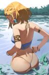  1girl ass bikini blonde_hair blush braid breasts crown_braid earrings green_eyes highres jewelry lily_pad official_alternate_hair_length official_alternate_hairstyle parted_bangs pointy_ears pond princess_zelda short_hair solo some1else45 swimsuit the_legend_of_zelda the_legend_of_zelda:_tears_of_the_kingdom thong thong_bikini water water_lily_flower 
