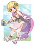  1girl :d bangs belt black_belt blonde_hair blue_eyes blue_sky blunt_bangs blush bob_cut boots bow cape character_name cloud commentary_request day dragon_quest dragon_quest_v dress emurin flat_chest full_body gloves green_socks hair_bow hero&#039;s_daughter_(dq5) highres holding holding_staff open_mouth outdoors pouch purple_cape short_hair sky sleeveless sleeveless_dress smile socks solo staff white_dress white_footwear 