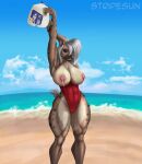  abs absurd_res anthro areola beach big_breasts blue_sky bodily_fluids breasts brown_body brown_fur clothing cloud exposed_breasts fangs female fur grey_hair hair hair_over_eye hands_behind_head hi_res hyena lactating mammal medium_hair milk milk_carton muscular muscular_anthro muscular_female muscular_thighs nipples one_eye_obstructed pink_nipples red_clothing red_eyes sand sea seaside sky solo sport_swimsuit stretching sunstripe swimwear tail teeth thick_thighs tomboy water wide_hips 