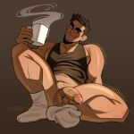  1boy absurdres ahoi_ag bara beard_stubble black_hair black_tank_top bottomless coffee coffee_mug cup full_body half-erect head_tilt highres huge_eyebrows knee_up large_pectorals looking_at_viewer lucas_lee male_focus mug muscular muscular_male pectoral_cleavage pectorals penis pubic_hair scott_pilgrim_takes_off short_hair sidepec sitting smile socks solo sparse_navel_hair sparse_pubic_hair spread_legs steam tank_top thighs uncensored 