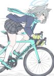  1girl animal_ear_fluff animal_ears bicycle blue_archive blue_eyes blue_jacket blue_scarf blush commentary gloves green_gloves grey_hair grey_skirt halo highres jacket masabodo medium_hair motion_lines plaid plaid_skirt revision riding riding_bicycle scarf school_uniform shiroko_(blue_archive) shirt simple_background skirt smile solo symbol-only_commentary white_background white_shirt wolf_ears 