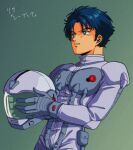  1990s_(style) 1boy blue_eyes blue_hair bright_pupils character_name green_background green_eyes gundam gundam_f91 hasemil headwear_removed helmet high_collar holding holding_helmet long_sleeves male_focus parted_lips pilot_suit retro_artstyle seabook_arno short_hair simple_background solo space_helmet spacesuit upper_body white_pupils 