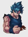  1boy blue_eyes blue_shirt clenched_hand dragon_ball dragon_ball_super grey_background kemachiku looking_at_viewer male_focus muscular muscular_male open_mouth shirt simple_background solo son_goku super_saiyan super_saiyan_blue teeth torn_clothes torn_shirt upper_body 